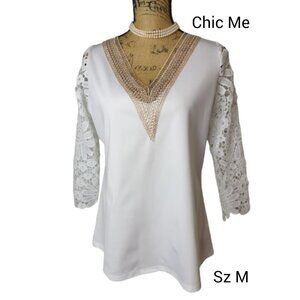 Chic Me Womens Blouse M White Crochet Gold V Detail Cottagecore Elegant Coquette